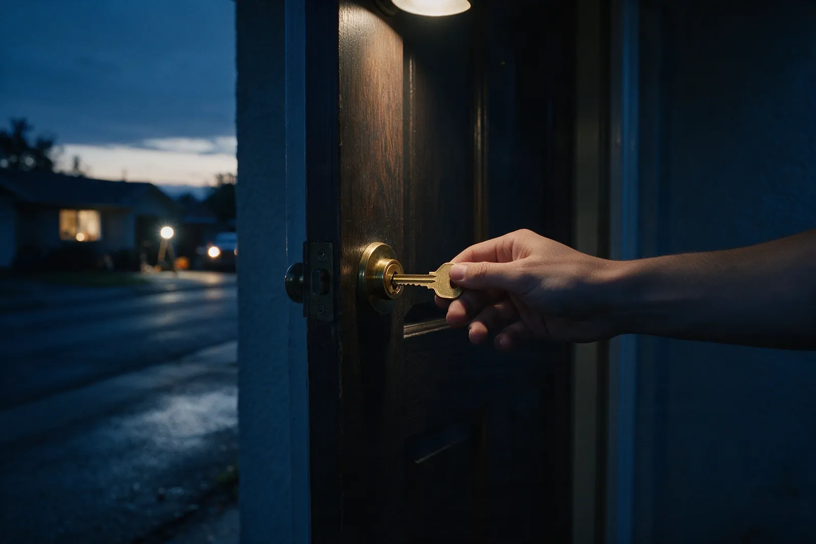 A freshly cut key already in the cylinder of a front door before sunrise, the porch lamp lighting the brass and the rest of the street still dark blue