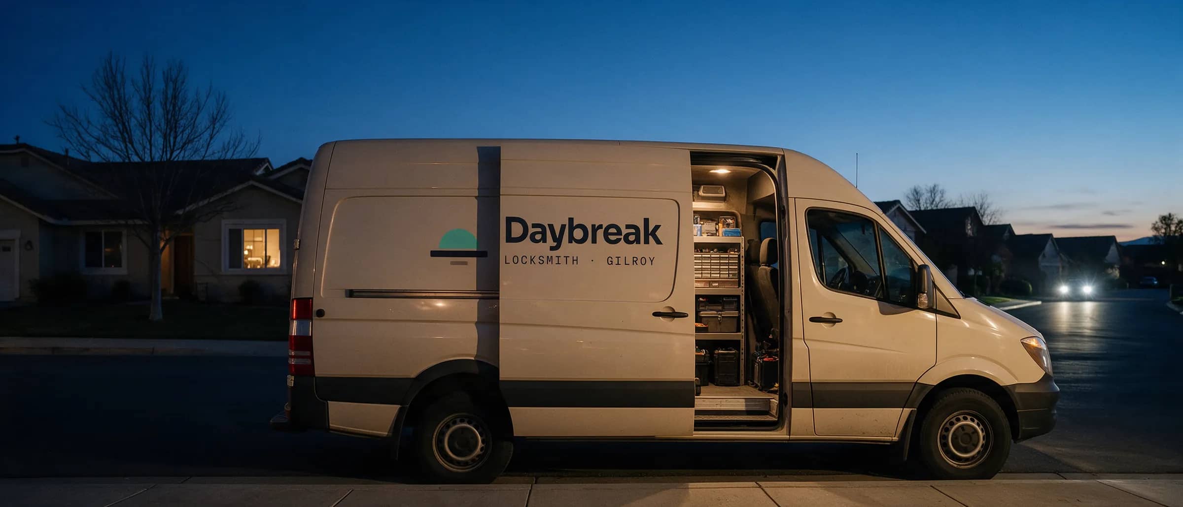 Daybreak van parked on a Gilroy street before sunrise, one window lit down the block